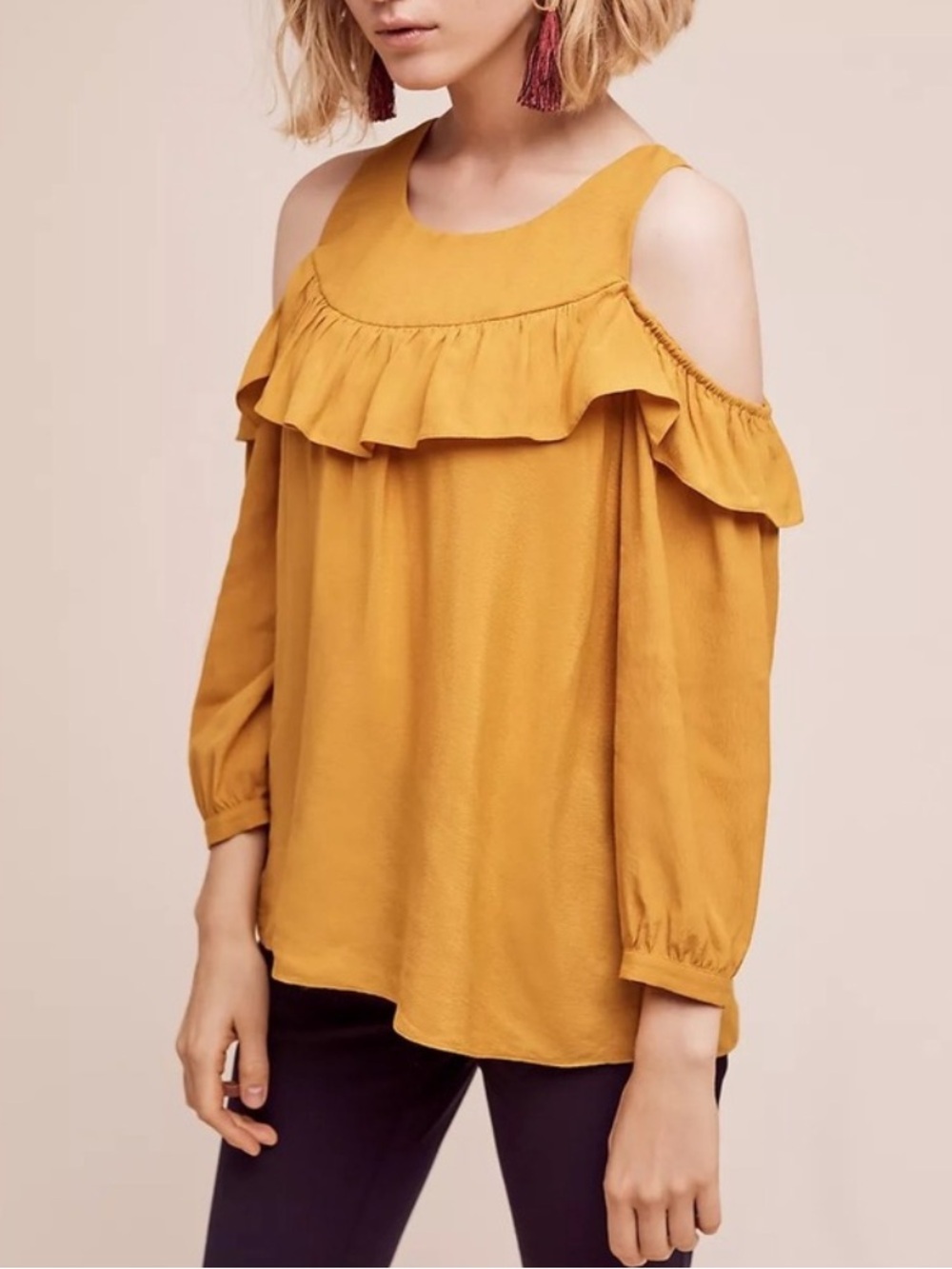 Anthropologie Maeve Brearly Mustard Yellow Cold-Shoulder Ruffle Blouse